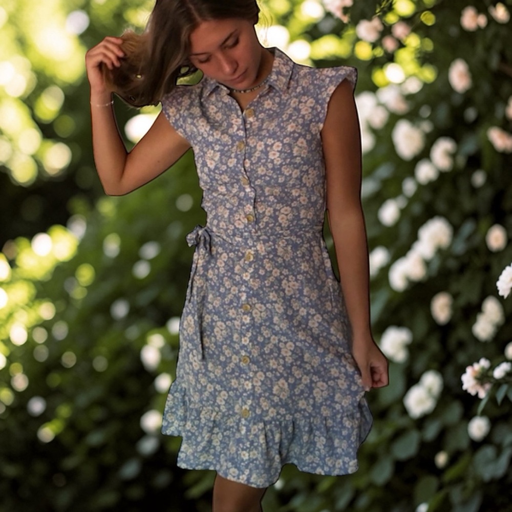 Monteau Los Angeles Button Front Midi Dress in Blue Floral Size Large